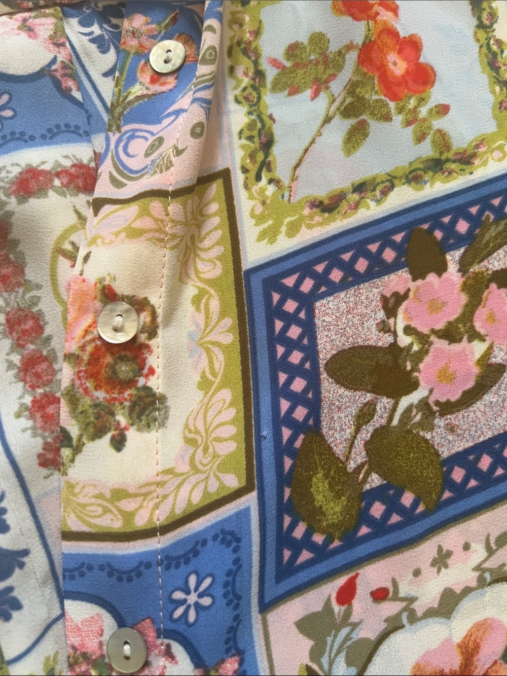 Rose & Olive Floral Patchwork Button-Down Shirt - Blue/Cream/Green-size L - Picture 3 of 10